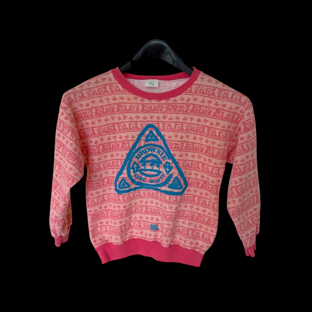Girl Scouts Brownie Sweatshirt Kids Medium 10/12 Pink Blue Puff Print USA Made